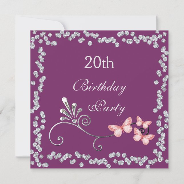 Chic Butterflies & Diamonds 20th Birthday Invitation (Front)