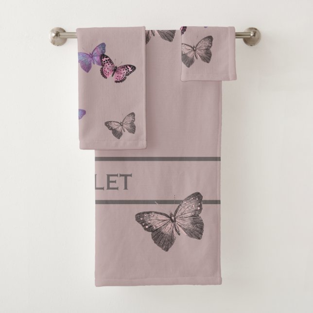 Chic Butterflies & Love is Script on Dusty Pink Bath Towel Set (Insitu)