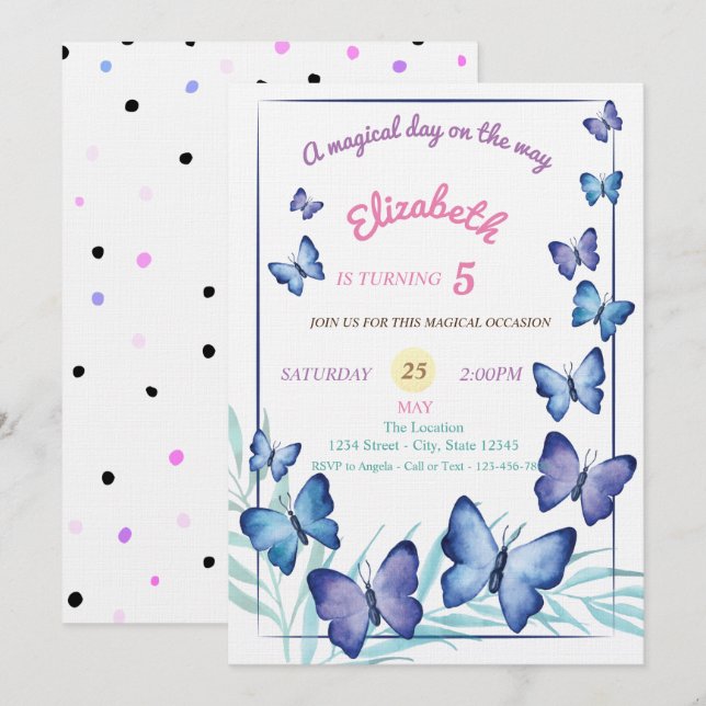 Chic Butterflies Polka Dots Birthday Invitation (Front/Back)