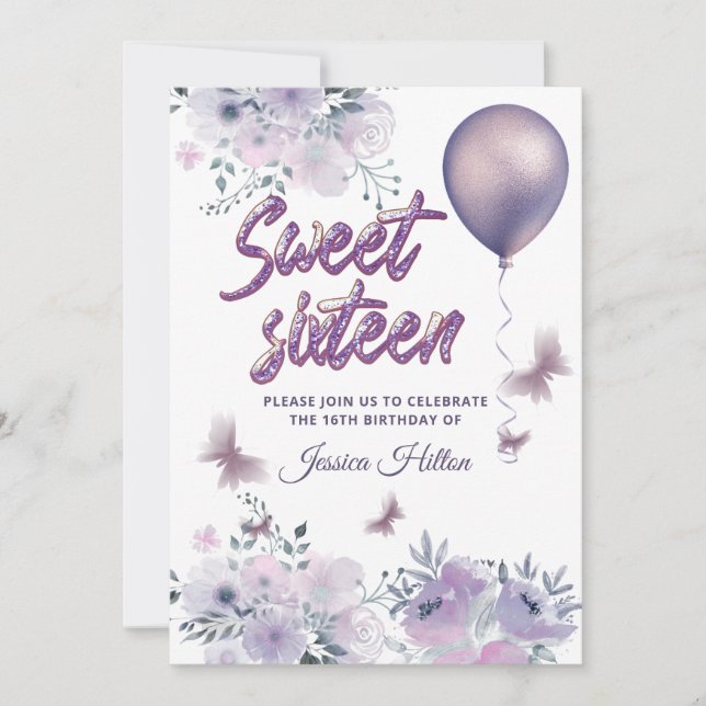 Chic Butterfly floral balloon lilac sweet sixteen  Invitation (Front)
