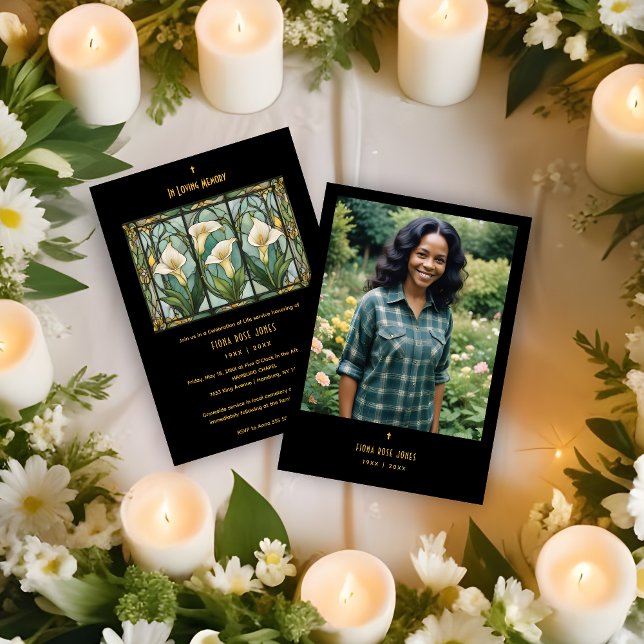 Chic Callas White Bouquet Stained Glass Photo Invitation (Romantic Callas Bouquet in White & Green Shades Stained Glass Effect Photo Funeral Invitations Cards)