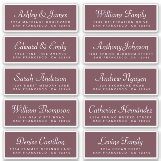 Chic Calligraphy Burgundy Guest Address Labels (Front)