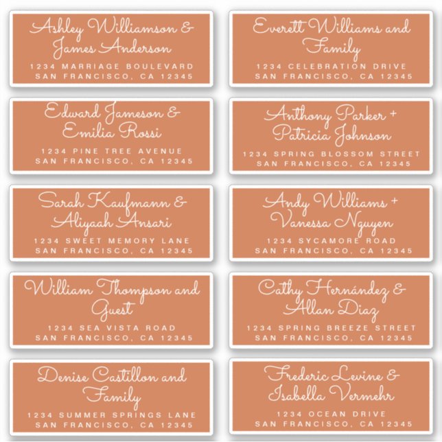 Chic Calligraphy Burnt Orange Guest Address Labels (Front)