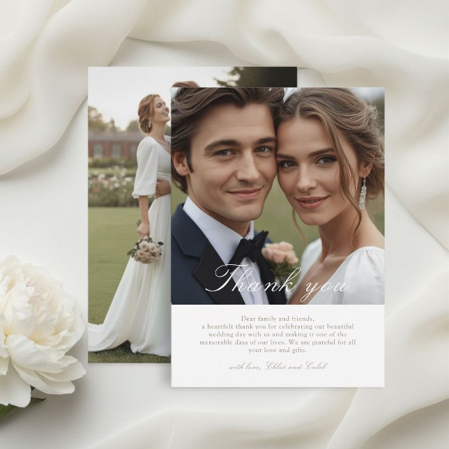  Chic Calligraphy Double Photo Flat Thank You Card (Creator Uploaded)