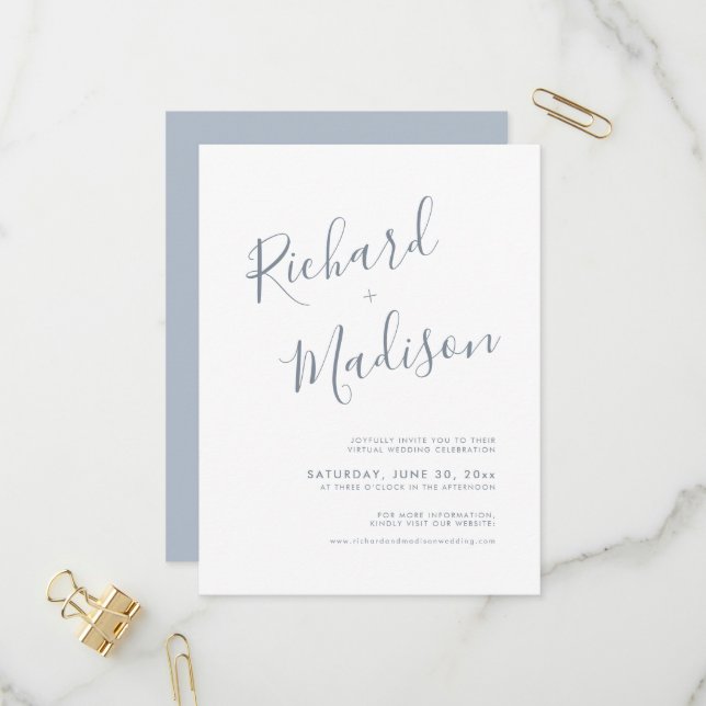 Chic Calligraphy Dusty Blue Photo Virtual Wedding  Invitation Postcard (Front/Back In Situ)