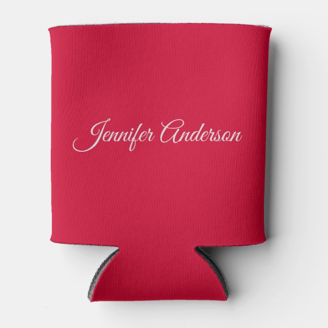 Chic Calligraphy Elegant Cherry Red Personalized Can Cooler (Front)