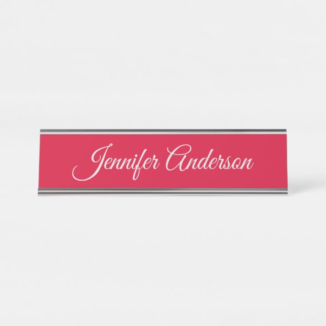 Chic Calligraphy Elegant Cherry Red Personalized Desk Name Plate (Front)
