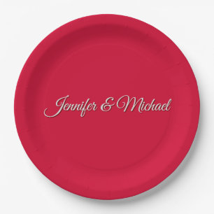 Chic Calligraphy Elegant Cherry Red Personalized Paper Plate