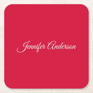 Chic Calligraphy Elegant Cherry Red Personalized Square Paper Coaster