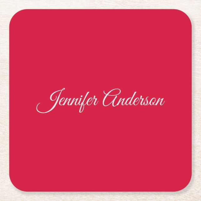 Chic Calligraphy Elegant Cherry Red Personalized Square Paper Coaster (Front)
