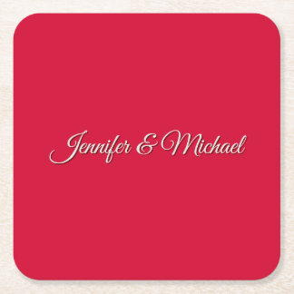 Chic Calligraphy Elegant Cherry Red Personalized Square Paper Coaster