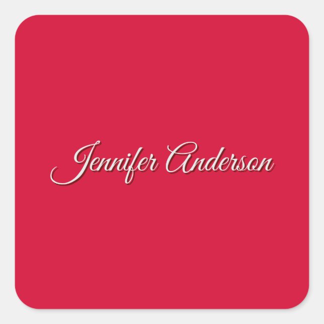 Chic Calligraphy Elegant Cherry Red Personalized Square Sticker (Front)