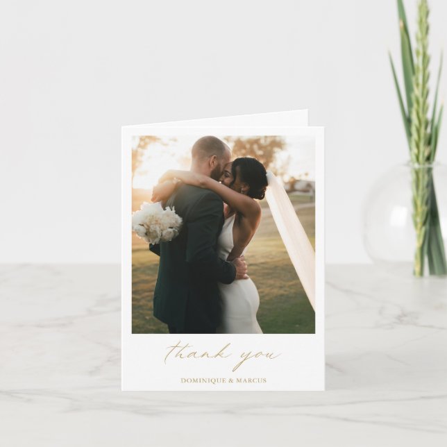 Chic Calligraphy Elegant Gold Simple Photo Wedding Thank You Card (Front)