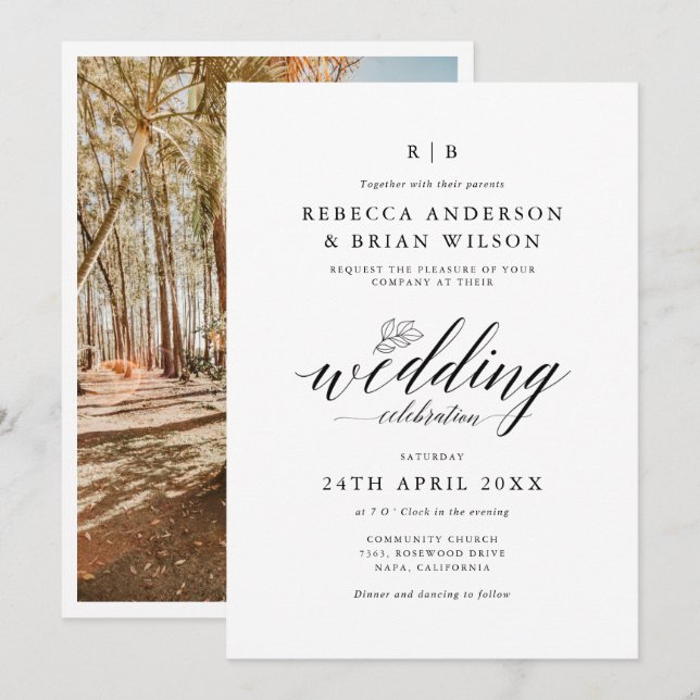 Chic Calligraphy Elegant Photo Wedding Invitation (Front/Back)