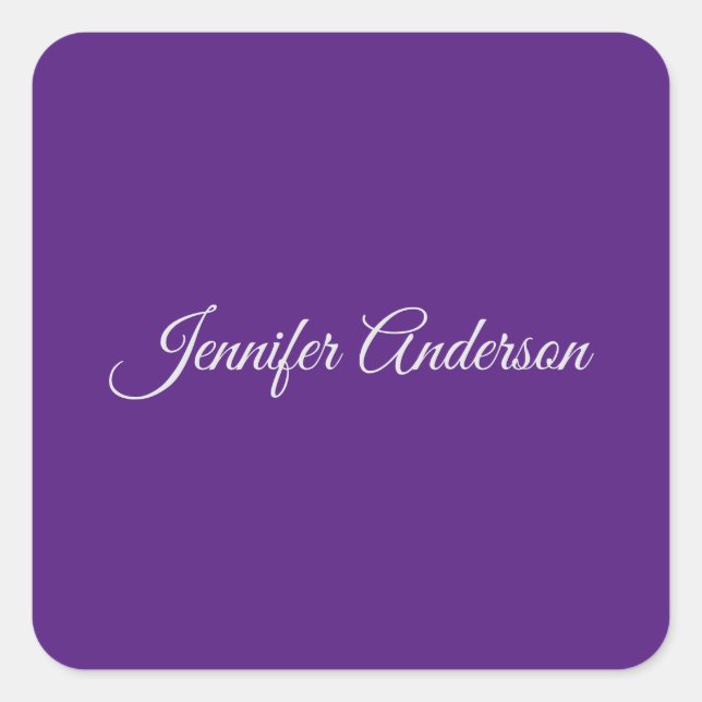 Chic Calligraphy Elegant Royal Purple Personalized Square Sticker (Front)