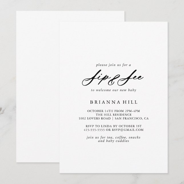 Chic Calligraphy Elegant Sip and See  Invitation (Front/Back)