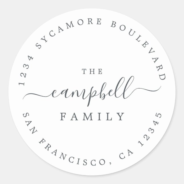 Chic Calligraphy Family Name Return Address Classic Round Sticker (Front)