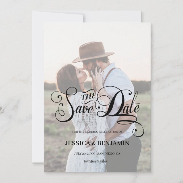 Chic Calligraphy Faux Vellum Effect Photo Wedding Save The Date (Front)