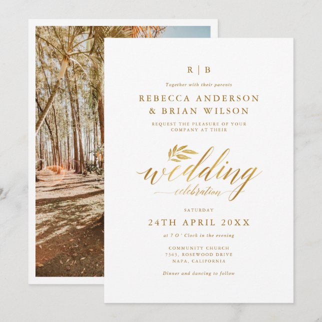 Chic Calligraphy Gold Foil Elegant Photo Wedding Invitation (Front/Back)