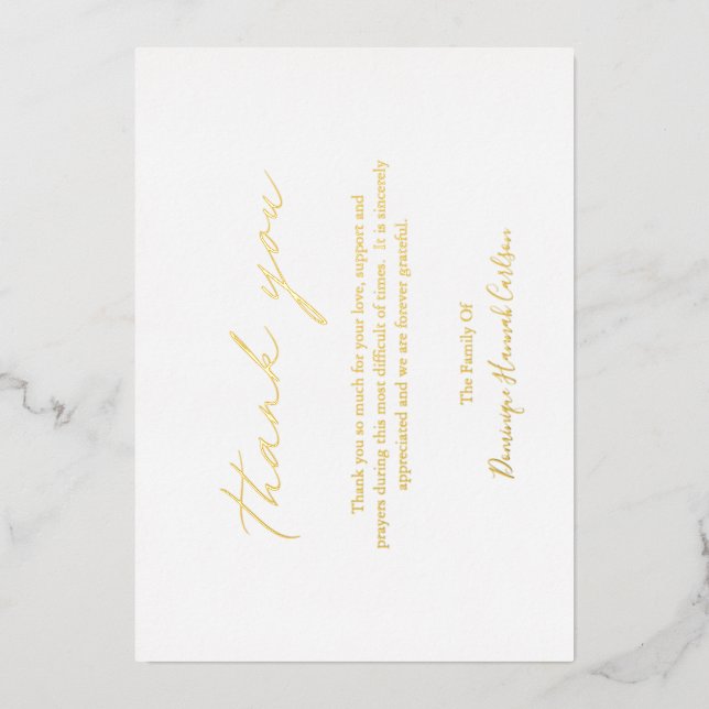 Chic Calligraphy Gold Foil Funeral Thank You Card (Front)