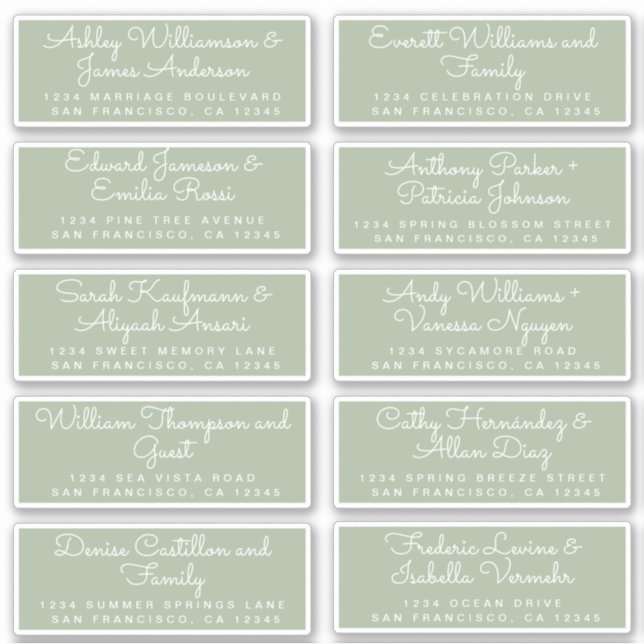 Chic Calligraphy Green Guest Address Labels (Front)