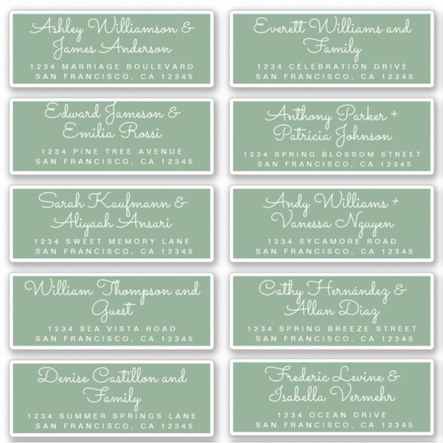 Chic Calligraphy Green Guest Address Labels (Front)