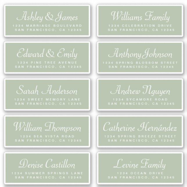 Chic Calligraphy Green Guest Address Labels (Front)