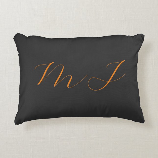 Chic calligraphy grey orange monogram name initial accent pillow (Front)
