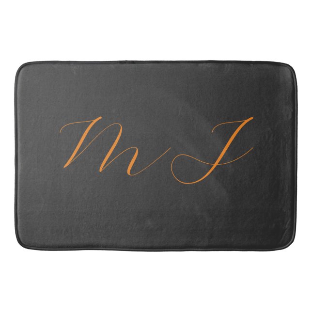 Chic calligraphy grey orange monogram name initial bath mat (Front)