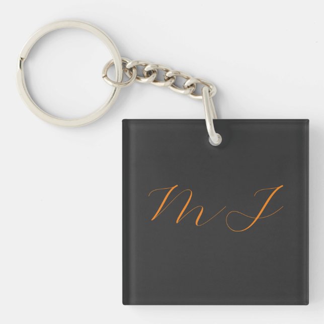Chic calligraphy grey orange monogram name initial keychain (Front)