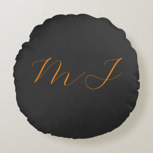 Chic calligraphy grey orange monogram name initial round pillow