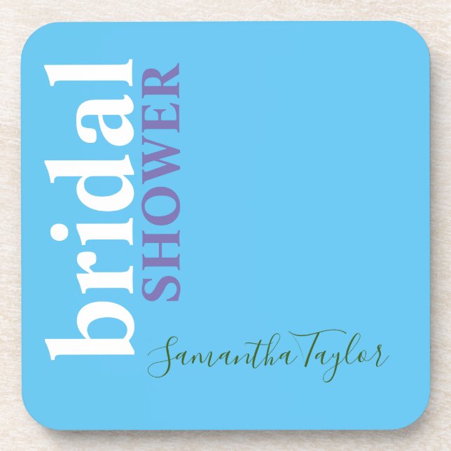 Chic Calligraphy Minimalist Bridal Shower Blue Coaster (Front)