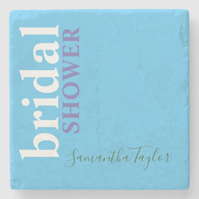 Chic Calligraphy Minimalist Bridal Shower Blue Stone Coaster (Front)