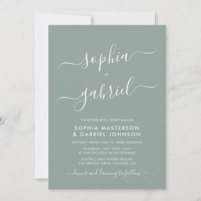 Chic Calligraphy Monogram Sage Green Wedding Invitation (Front)