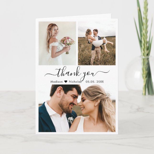 Chic Calligraphy Photo Collage Wedding Thank You  Card (Front)