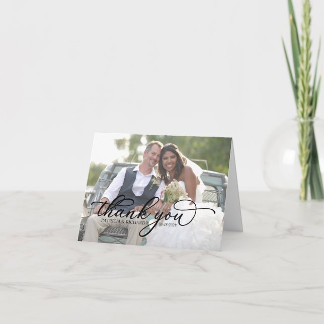 Chic Calligraphy Photo Wedding Thank You Cards (Front)