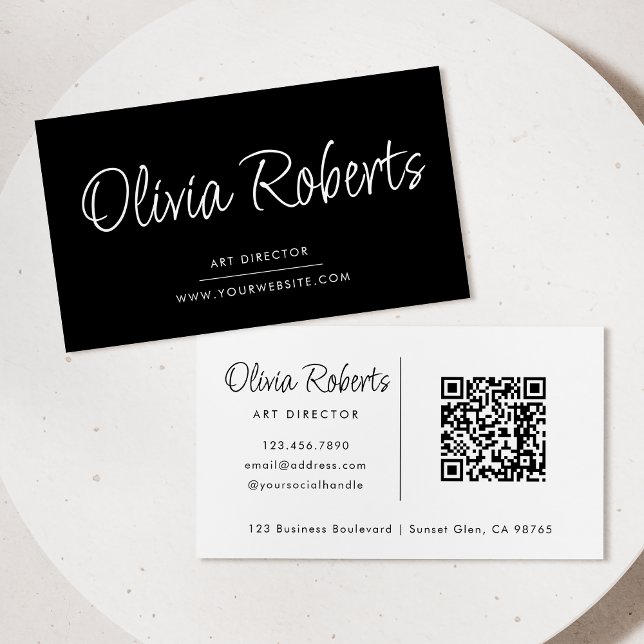 Chic Calligraphy Script Modern Black White QR Code Business Card (Creator Uploaded)