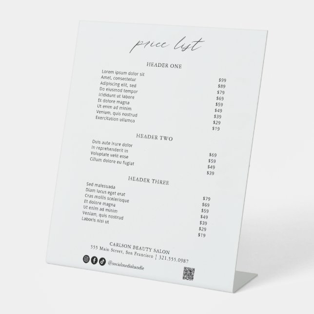 Chic Calligraphy Simple Elegant Price List Pedestal Sign (Front)