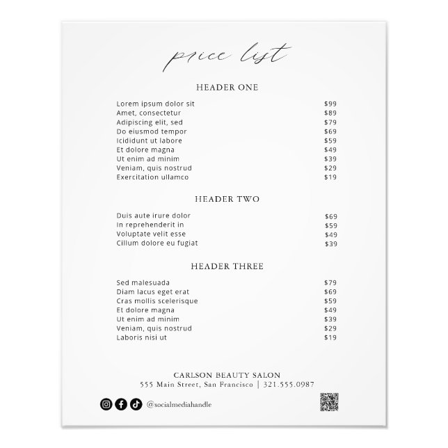 Chic Calligraphy Simple Elegant Price List Photo Print (Front)