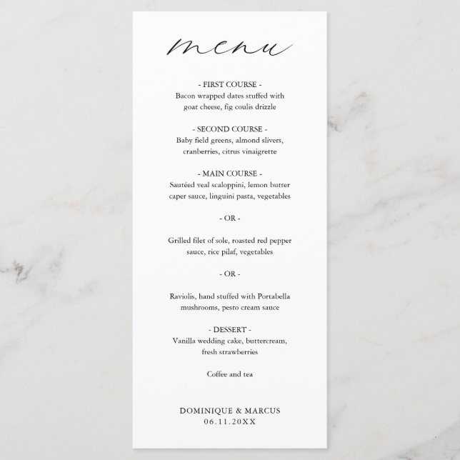Chic Calligraphy Simple Elegant Wedding Menu (Front)