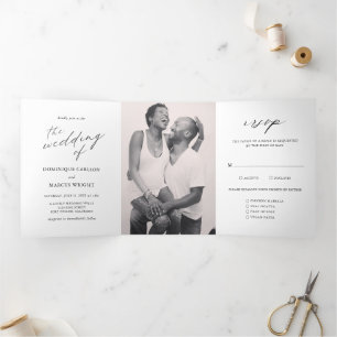 Chic Calligraphy Simple Photo Elegant Wedding Tri-Fold Invitation