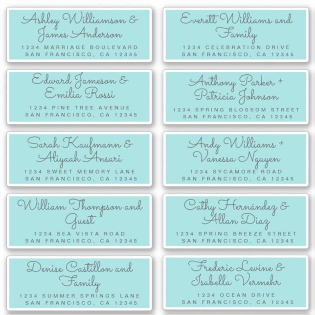 Chic Calligraphy Turquoise Guest Address Labels (Front)
