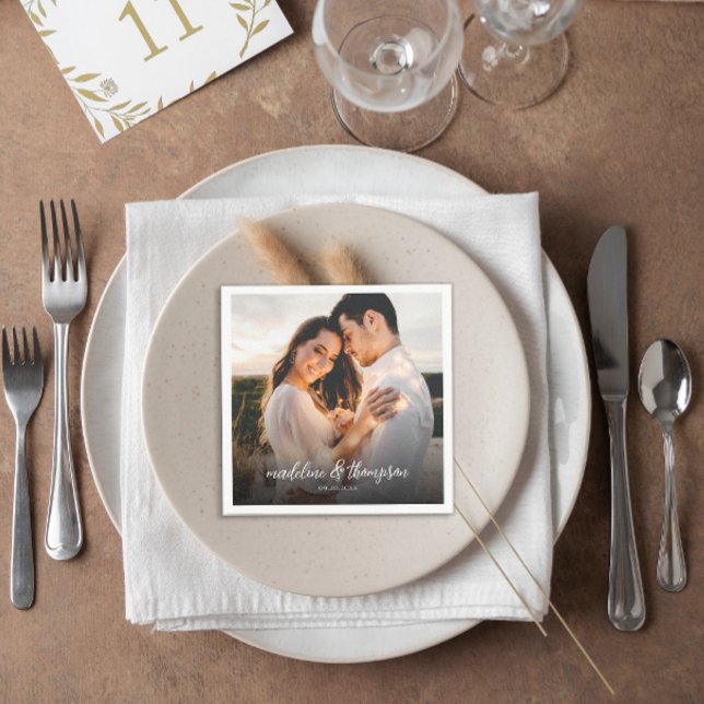 Chic Calligraphy White Overlay Text Photo Wedding Napkin (Creator Uploaded)