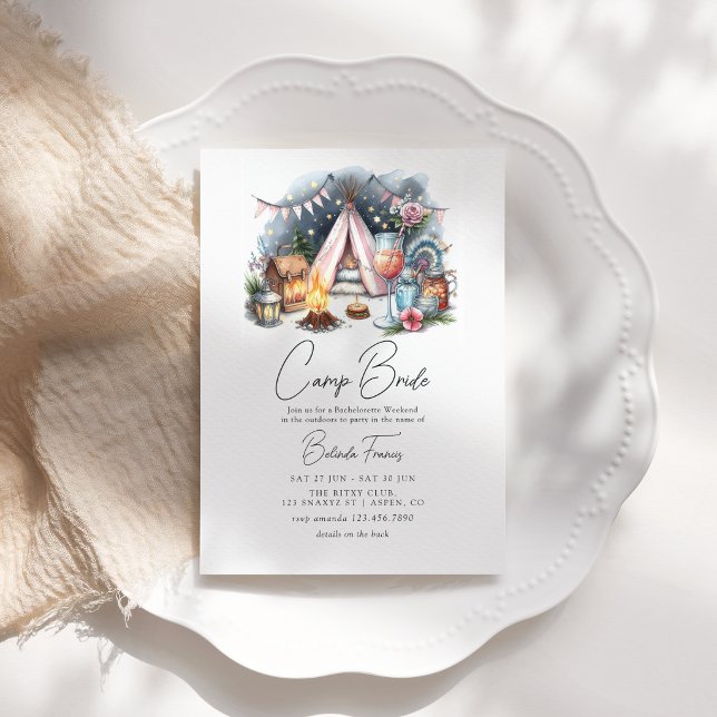 Chic Camp Bride Bachelorette Weekend Itinerary Invitation (Chic Camp Bride Bachelorette Weekend Itinerary Invitation)