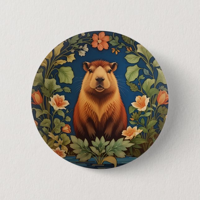 Chic Capybara - William Morris Inspired 2 Inch Round Button (Front)