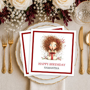 Chic Cartoon Woman Burgundy Script Birthday Napkin