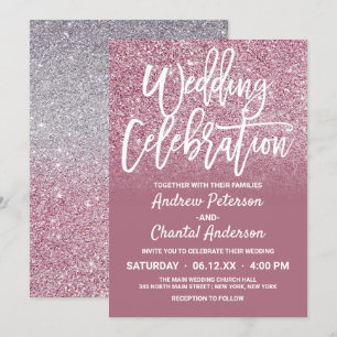 Chic Cassis Pink Silver Faux Glitter Ombre Wedding Invitation