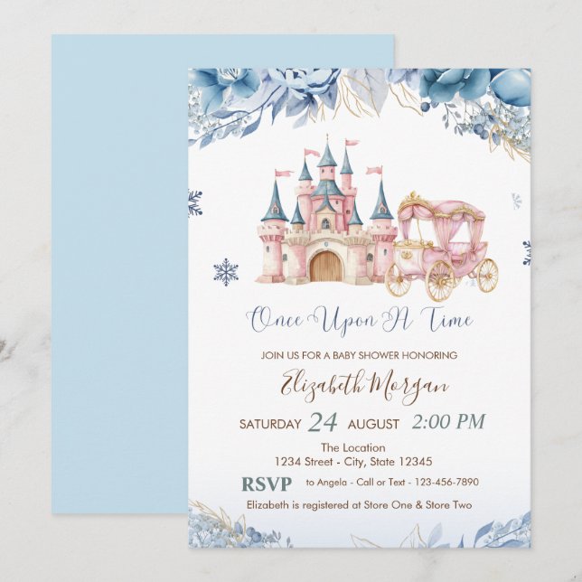 Chic Castle,Carriage Blue Flowers Baby Shower Invitation (Front/Back)