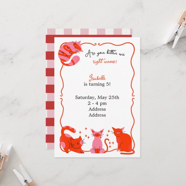 Chic Cat Kids Birthday Party Invitation (Front/Back In Situ)