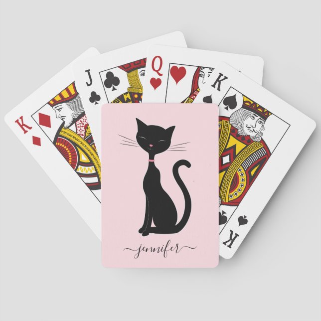 Chic Cat Personalized Name Pink Black Playing Cards (Back)